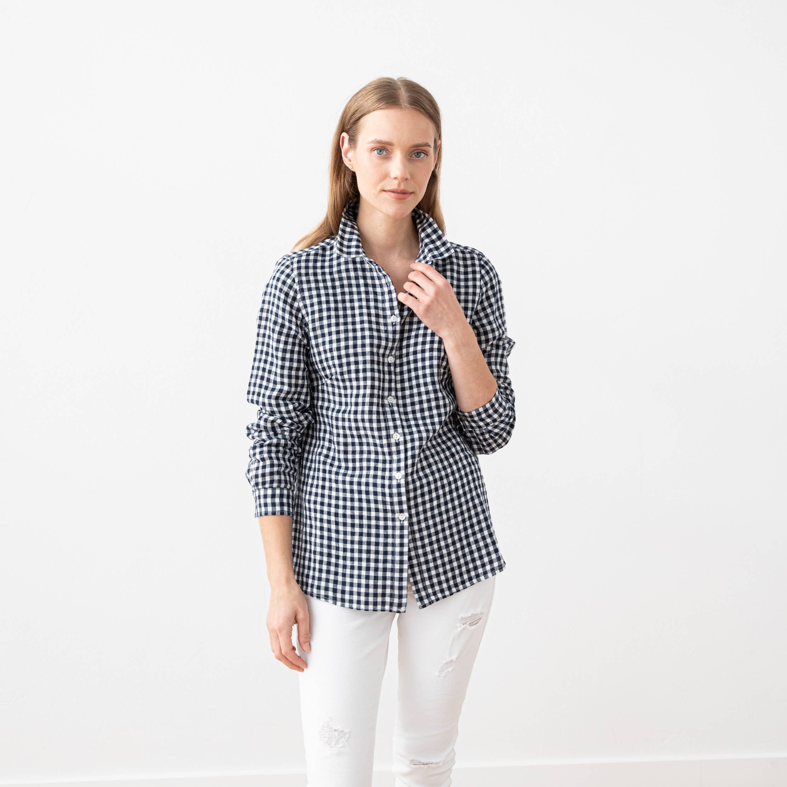 LinenMe - Vente Chemise à col boutonné – femme - Chemise en lin bleu marine à carreaux Ernesto2