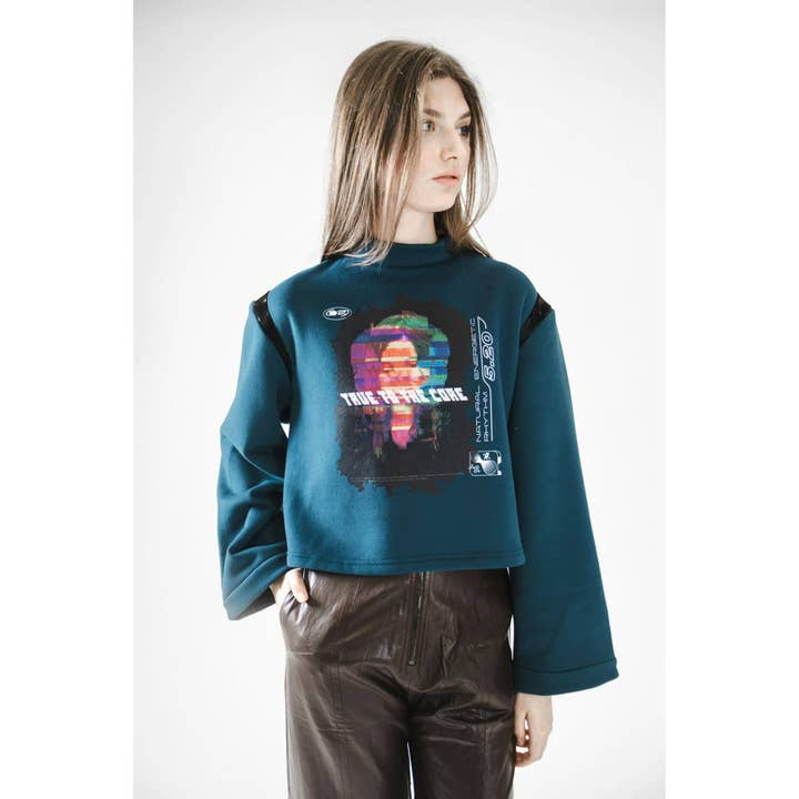 Green/Purple Color-Blocked Tech Long-Sleeve Cropped T-Shirt for wholesale by VUDECO