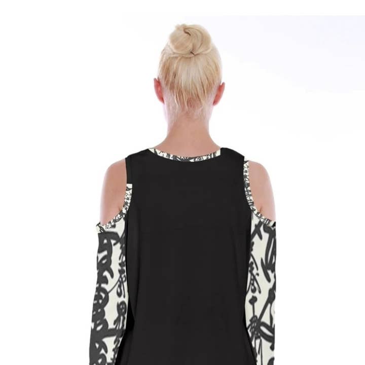 Oriental Velvet Long Sleeve Shoulder Cutout Dress for wholesale by Sharon Tatem Fashion LLC