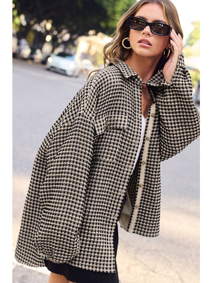 La Miel - Wholesale Shirt Jacket/Shacket - Women’s - JKT1793-Unique Waffle Textured Oversized Button Down Shacket
