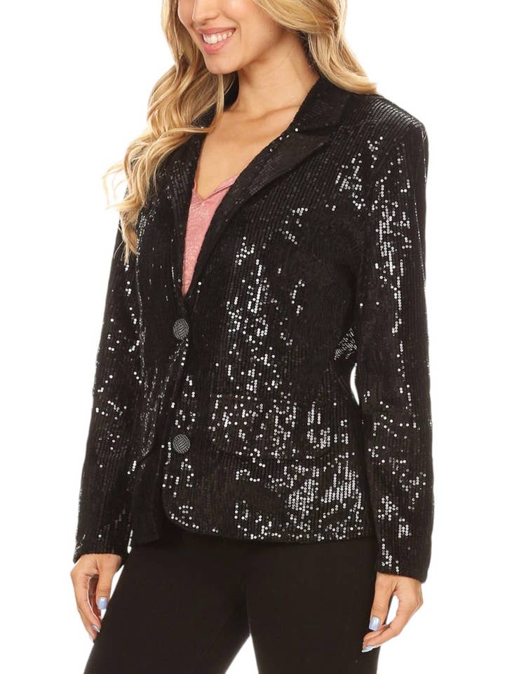Long Sleeve Sparkle Sequin Two Button Blazer Jacket for wholesale by Anna Kaci Wholesale