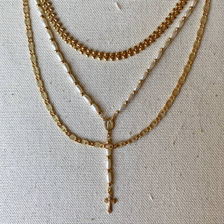 GoldFi - Wholesale Pendant/Charm Necklace - 18k Gold Filled Pearl Rosary