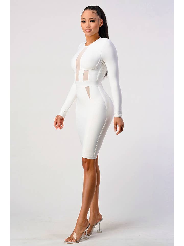 Athina Collection - Venta al por mayor Vestido - Mujer - Vestido de vendaje clásico de manga larga con contraste de malla - Blanco