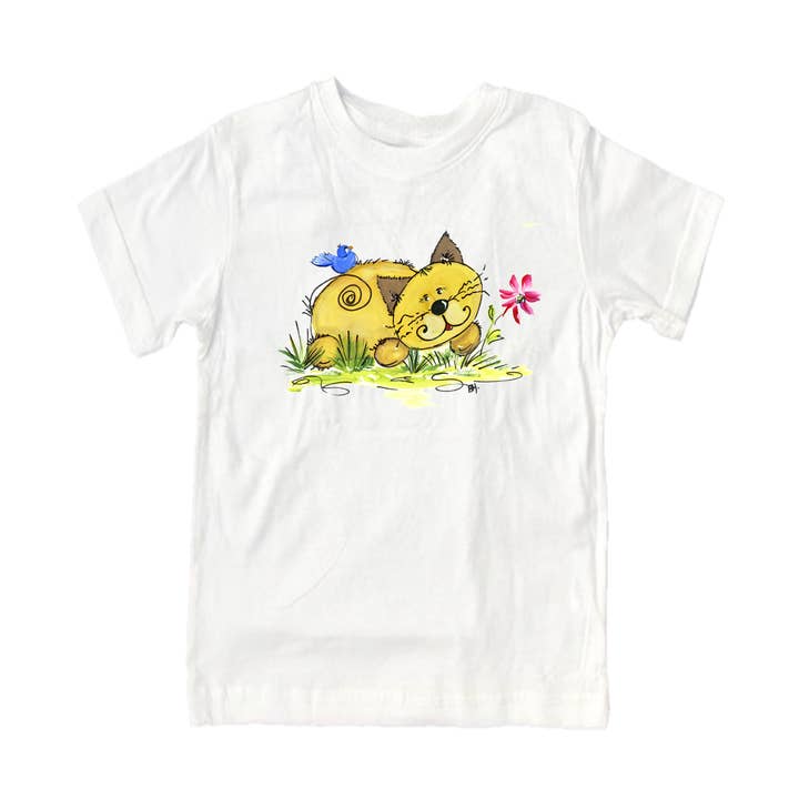 Cotton Tee Shirt Short Sleeve 787 Yellow Cat w-Bird for wholesale by Designs By Beverly, LLC