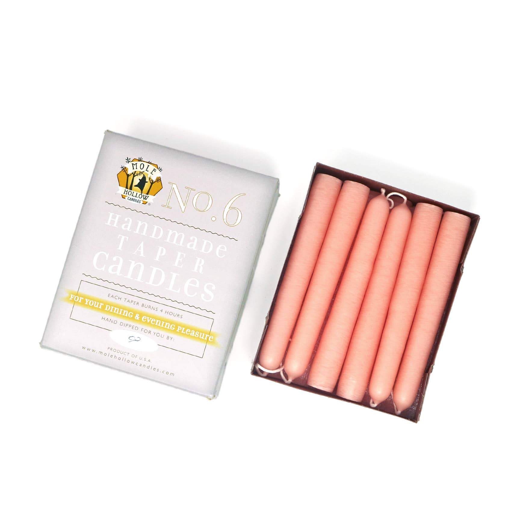 Mole Hollow Candles - Wholesale Tapered Candle/Candlestick - 6" Hand Dipped Unscented Taper Candles - 39 Colors USA Made6