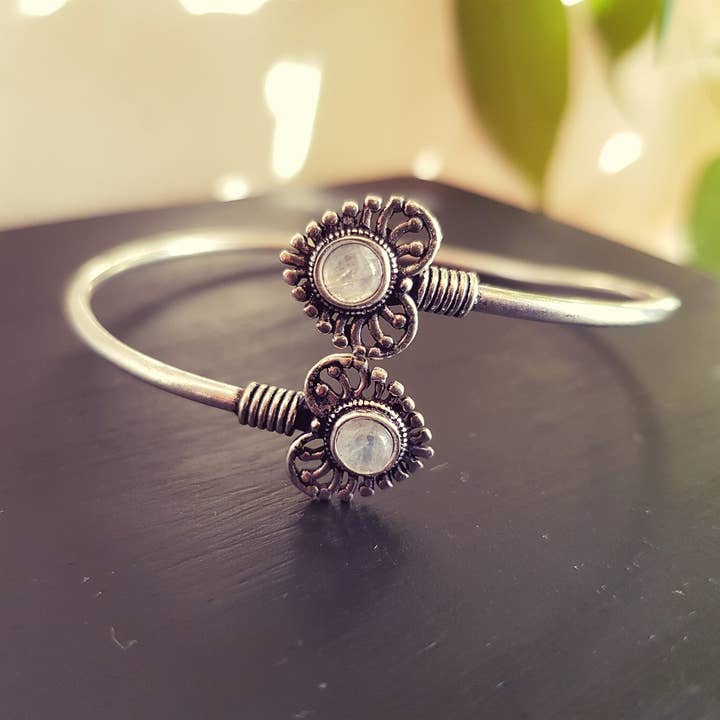 Boho Heart Bracelet / Bangle / Moonstone / Silver / Ethnic / Rustic / Bohemian / Hippie / Gypsy / Psy / Love / Jewellery / Body / Adjustable for wholesale by Kaali Boutique