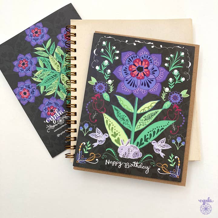 Purple flower greeting card - bunny birthday flowers card for wholesale by Cynla