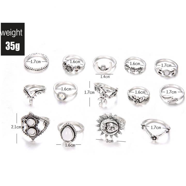 Silver CWASC1952_WATER DROP SUNFLOWER MOON SUN HOLLOW RING SET for wholesale on Faire4