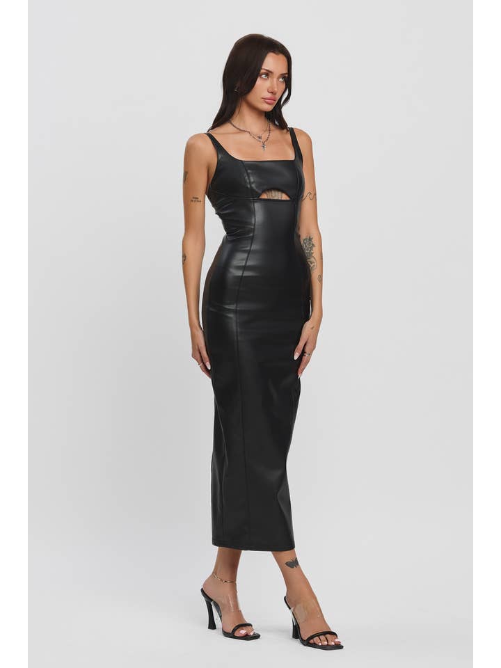 No Vacancy - Wholesale Jurk - Dames - Mouwloze midi-jurk van kunstleer met uitsnijdingen