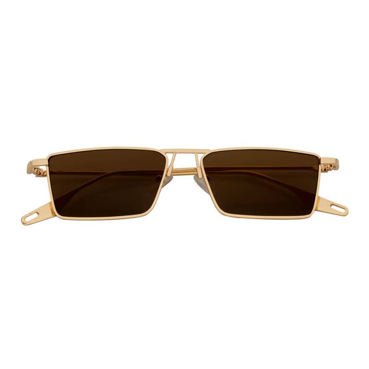 ZUIKO - Petites lunettes de soleil rectangulaires en métal rétro des années 90 avec teinte dorée et marron pour la vente par Morspecs