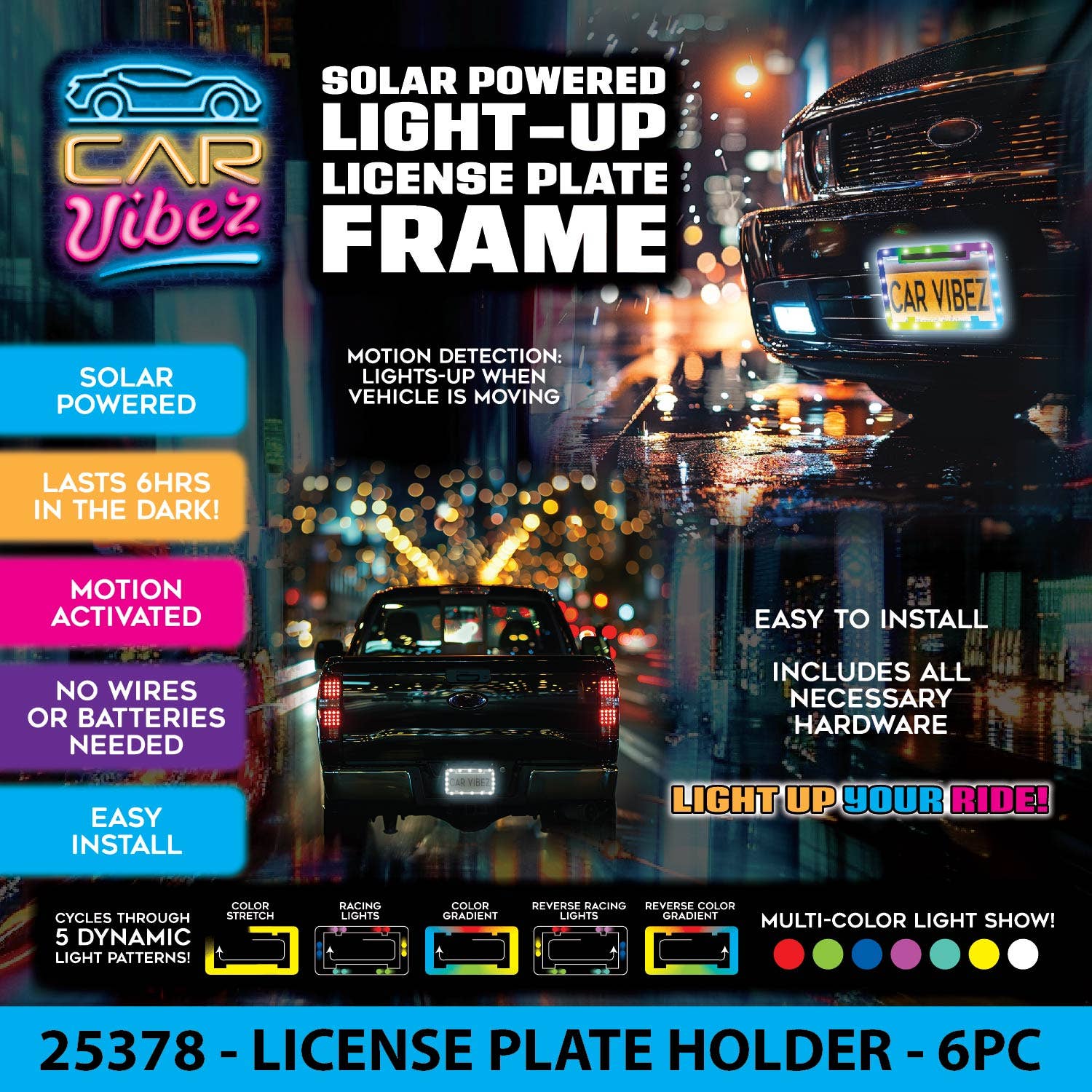 Novelty Brands - Wholesale String Lights - Car Vibez Solar Light-Up License Plate Frame - 6/Display1