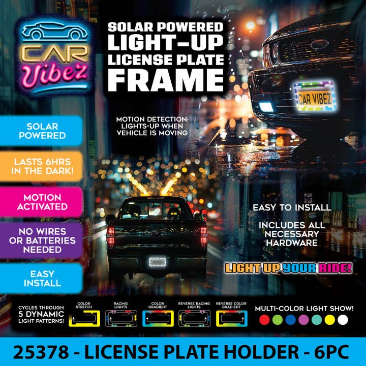 Novelty Brands - Wholesale String Lights - Car Vibez Solar Light-Up License Plate Frame - 6/Display1