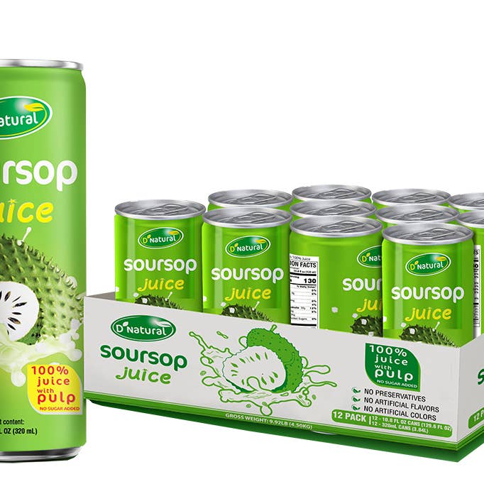 D'Natural- 100% Soursop Juice W/ Pulp (12 Cans X 10.8 oz) for wholesale by Takari International, Inc.