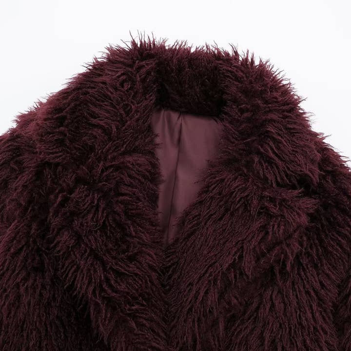 Burgundy Fuzzy Lapel Faux Fur Cropped Coat for wholesale on Faire1