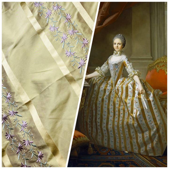 Fancy Styles Fabric - Wholesale Fabric - NEW Duchess Adele Designer 100% Silk Taffeta Ribbon Stripe Embroidered Floral Fabric in Gold and Lavender
