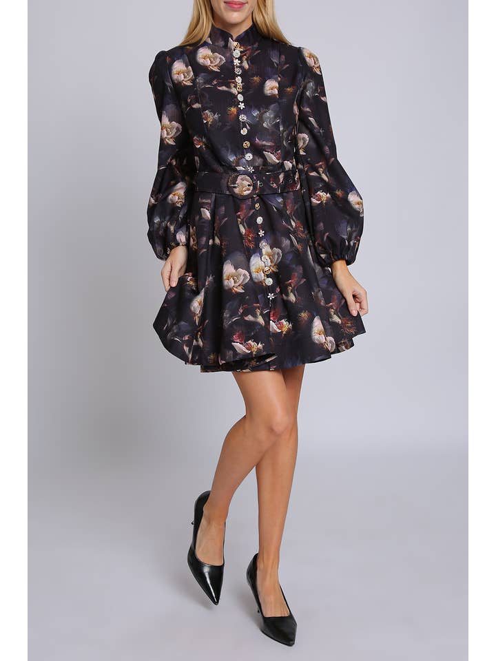 Black Floral Print Embellished Front Belted Mini Dress PC3542 for wholesale on Faire