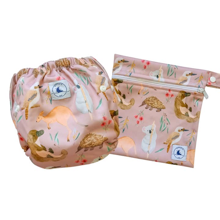 Little E & Co - Wholesale Swim nappy – Baby - REUSABLE SWIM NAPPY & MINI WET BAG COMBO ~ AUS ANIMALS