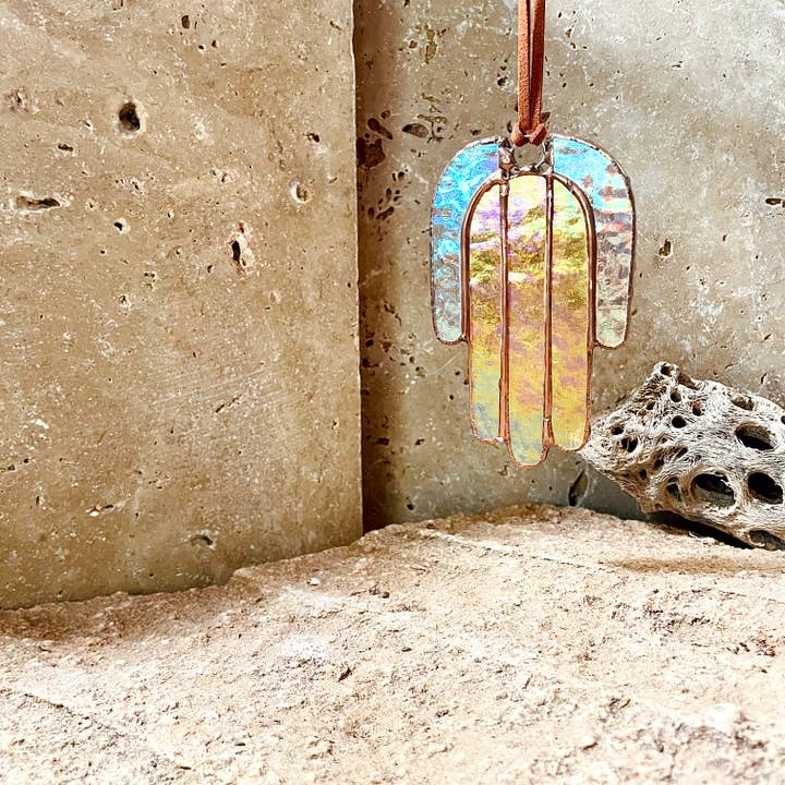 Stained Glass Mini Hamsa Hand (Iridescent Gold And Clear) for wholesale by Colin Adrian Glass