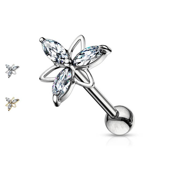 Awaken - Wholesale Single Earring - Oval Crystal Flower Ear Barbell Piercing - PO-466