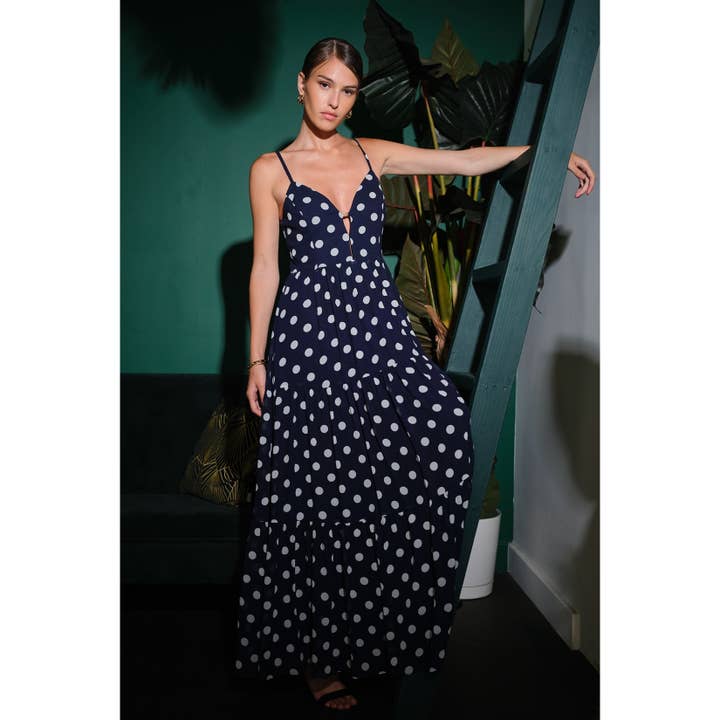 Gold Metal Accent Polka Dot Tiered Maxi Dress for wholesale by INA