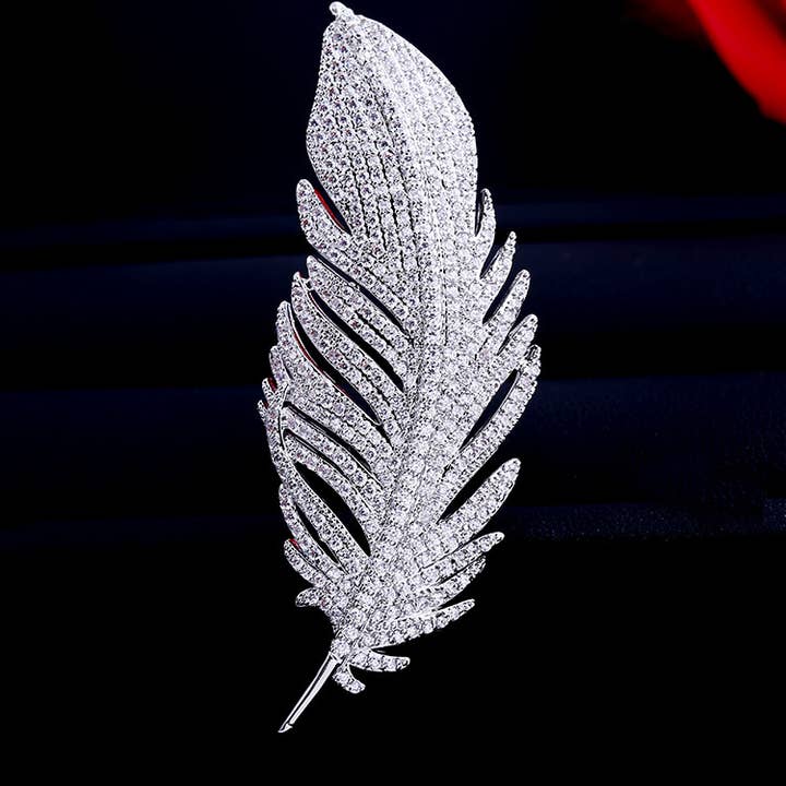 E-068 Large Silver CZ Zircon Feather Brooch for Wedding for wholesale by Gaia Fashion Inc