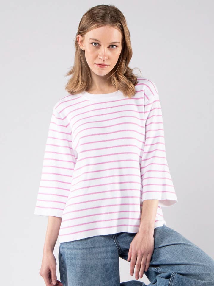 White Sweater with Pink Stripes in GOTS Organic Cotton for wholesale by Achega Knitwear