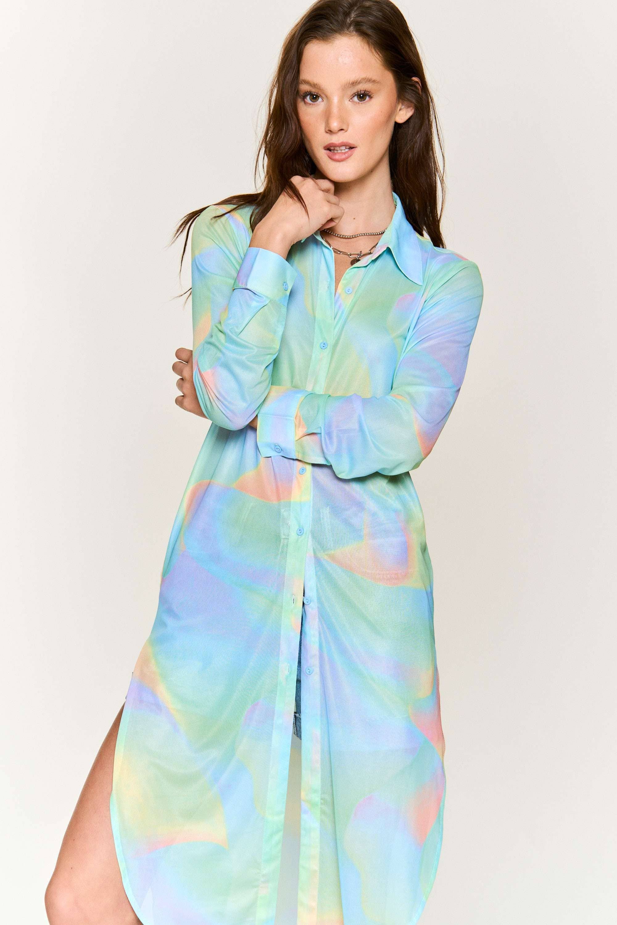 Hers & Mine - Wholesale Button Down Shirt - Women's - MESH TIE DYE BUTTON DOWN TUNIC SHIRT1