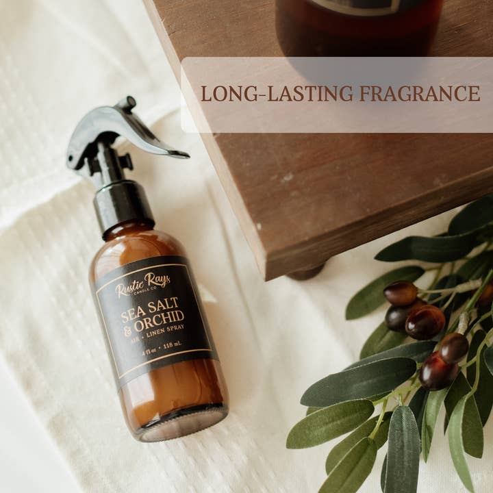 Rustic Rays Candle Co. - Wholesale Room & Linen Spray - Sandalwood & Saffron Room Spray - 4 oz Amber Glass Bottle