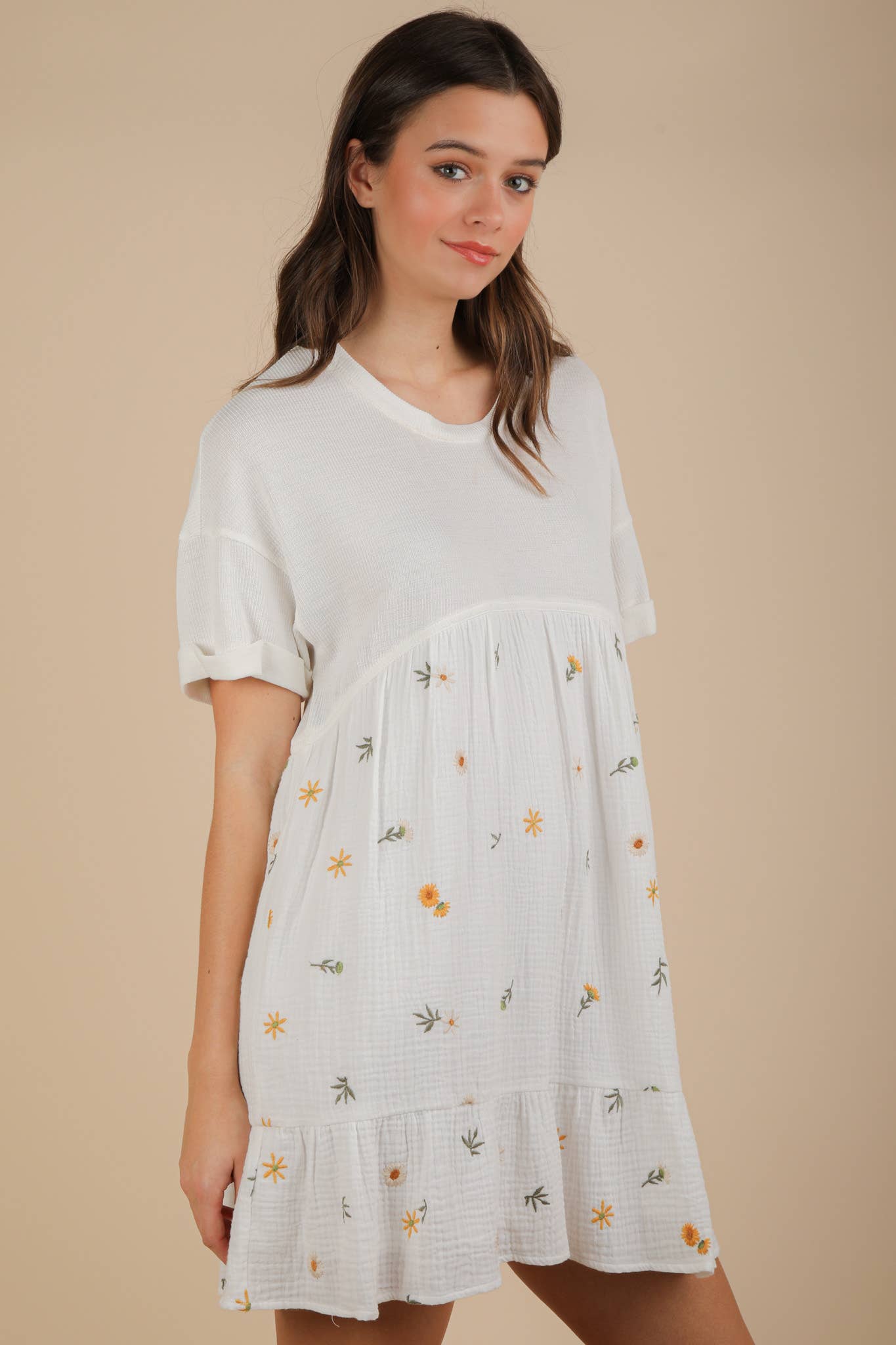 VERY J - Wholesale Dress - Women's - ND31718-Oversized Floral Embroidered Knit Mini Dress3