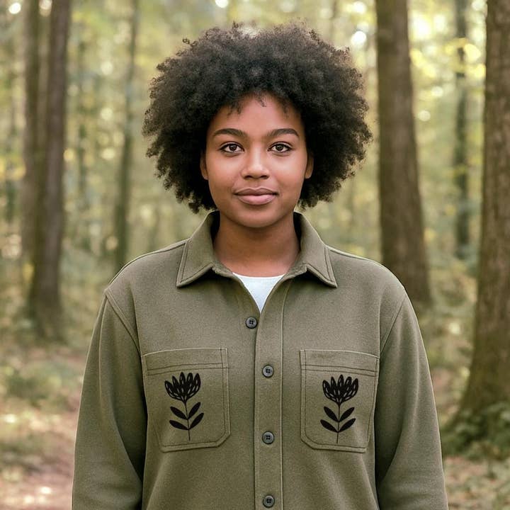 Organic fleece overshirt, fall shacket, unisex sage shirt jacket, button closure and block print pocket design, ethical fall fashion for wholesale by M.E. Image