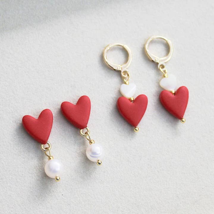 Heart Earrings, Valentine's Day, Cute Earrings, Red, Pearls for wholesale by Studio Niani