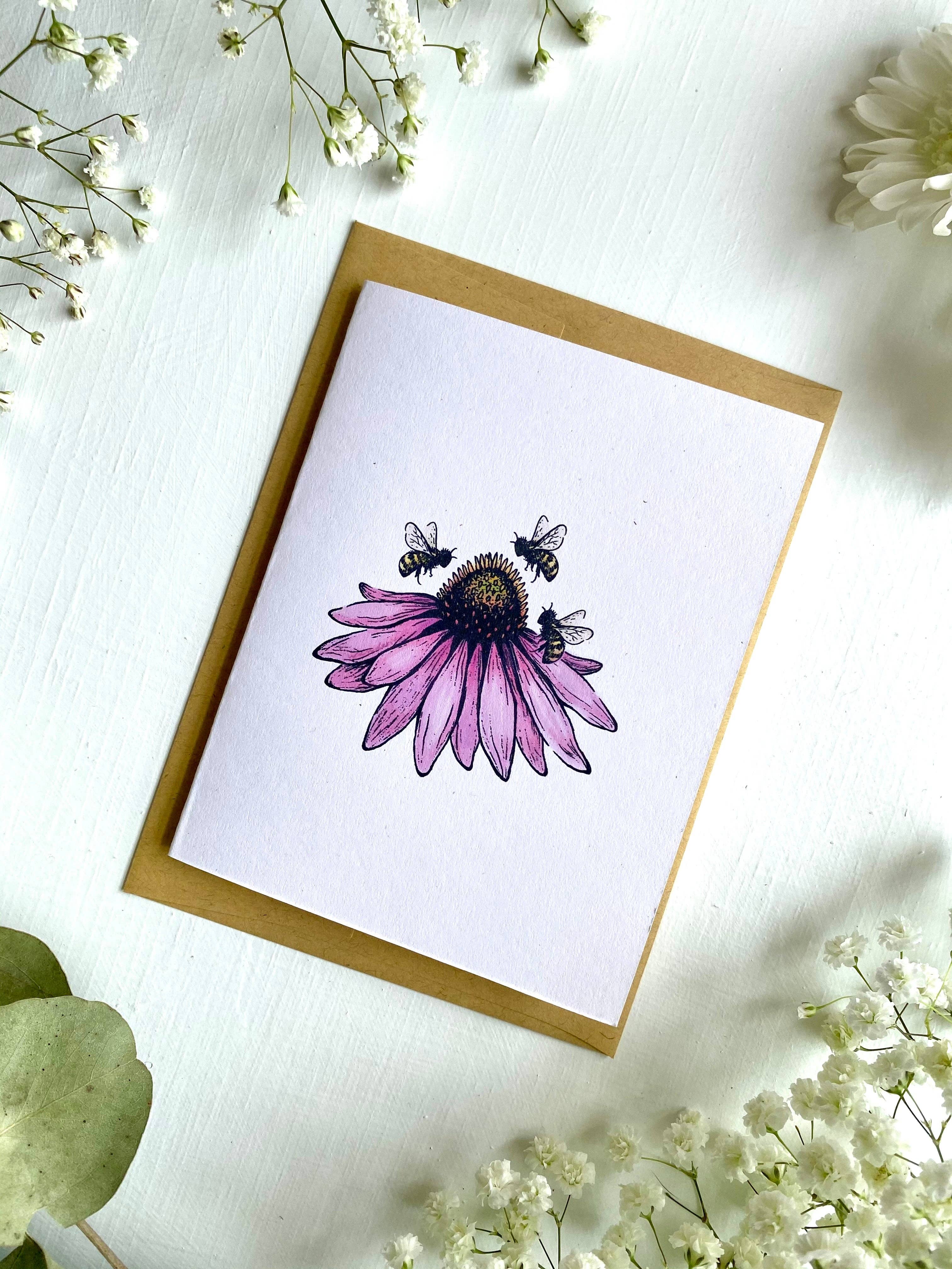 Wanderite - Wholesale Everyday Greeting Card - Echinacea + Bees Blank Card2