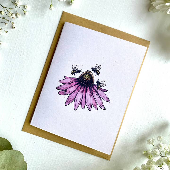 Wanderite - Vente Carte de vœux classique - Carte blanche Echinacea + Bees2