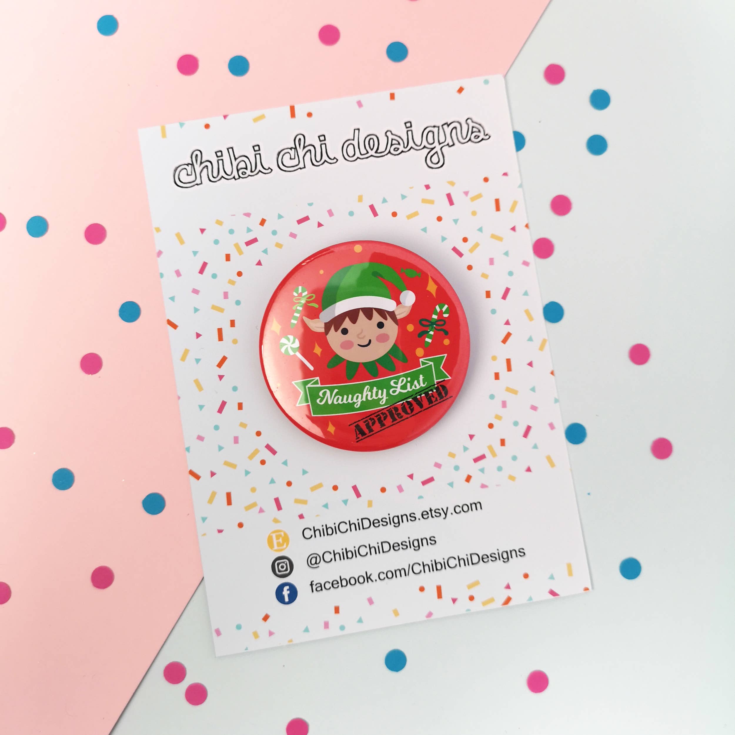Chibi Chi Designs – wholesale Lapel pin/button – Kids – Large Naughty List Badge - Elf Design 58mm2
