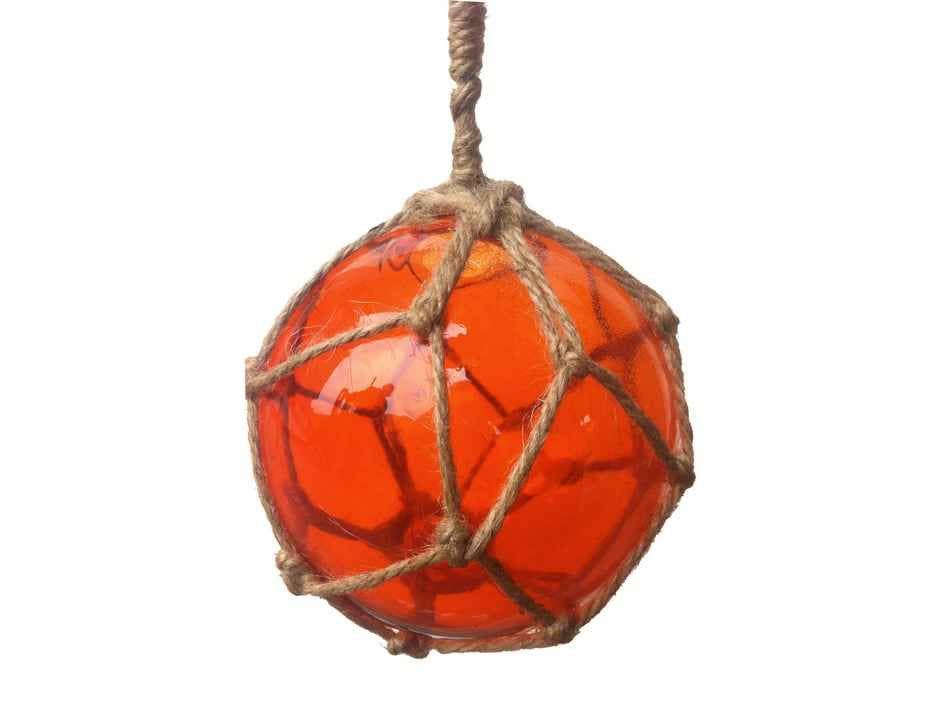 Hampton Nautical - Wholesale Decorative Tabletop Object - Orange Japanese Glass Ball Fishing Float With Brown Netting Decoration 4"3