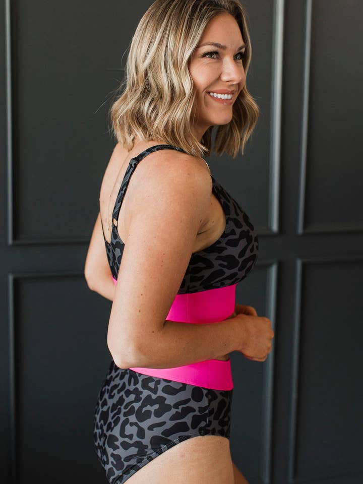 Mack and Mal - Wholesale Swim Top - Women's - Kissed By The Sun Bikini Swim Top- Charcoal Leopard & Neon Pink2
