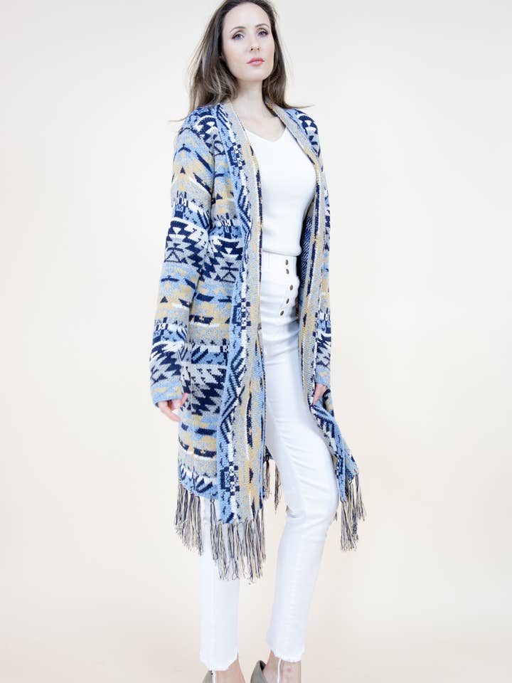 Aztec Bohemian Stripe Cardigan with Fringe for wholesale by Original USA