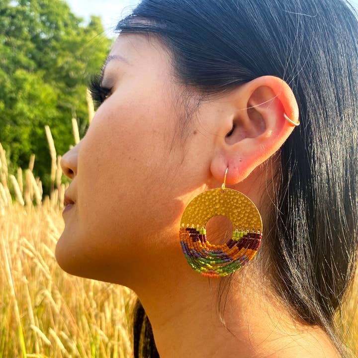 Mayana Designs Co - Wholesale Dangle Earrings - Beaded Handwoven Organic Circular Fringe Earrings (Green)