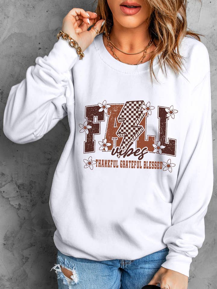 FALL THANKFUL Graphic Drop Shoulder Sweatshirt for wholesale by FULL TIME PURCHASE