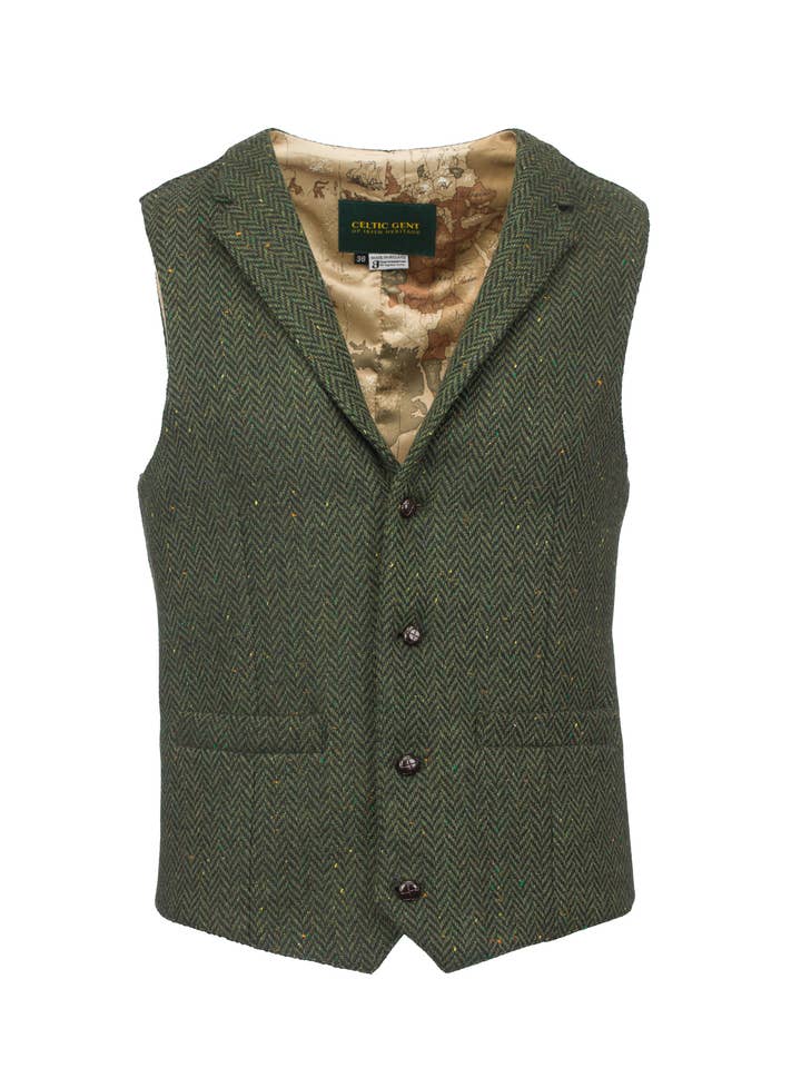 Pearse Green Herringbone Tweed Waistcoat & Vest with Revere for wholesale on Faire