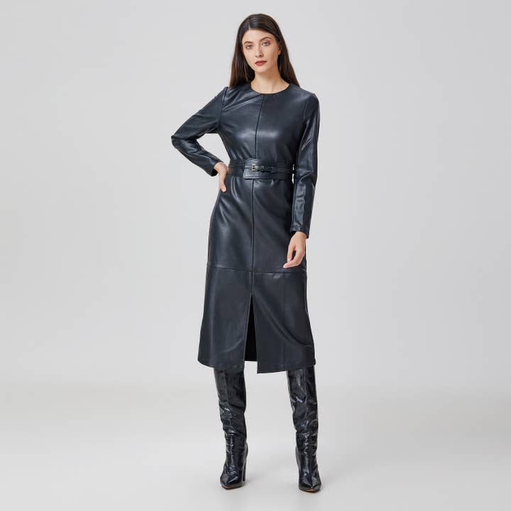 Faux leather long sleeve dress for wholesale by Smart and Joy