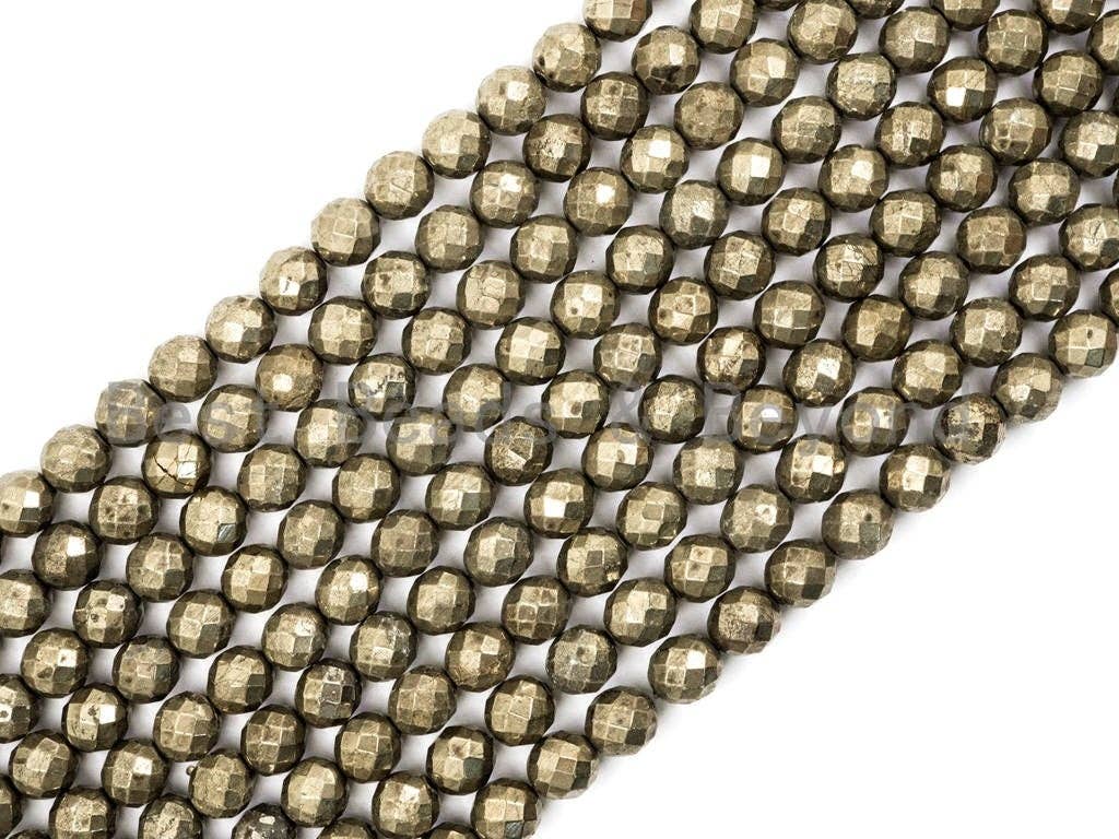 BestBeads&Beyond - Wholesale Beads - Quality Natural Pyrite 2mm/3mm/4mm/6mm/8mm/10mm/12mm/14mm/16mm beads, Round Faceted Pyrite Gemstone Beads, 15inch strand, SKU#W23