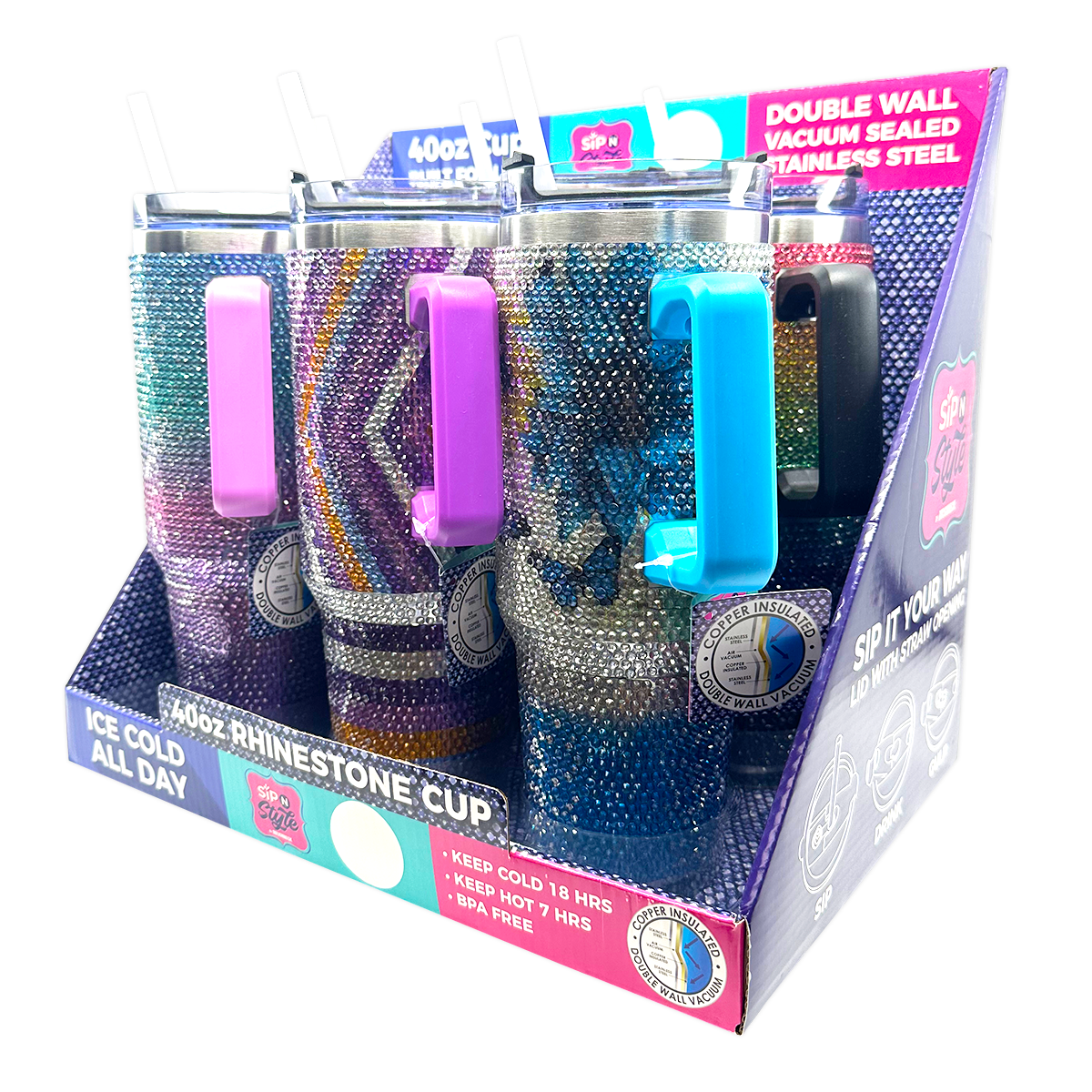 Novelty Brands - Wholesale Insulated Mug/Tumbler - Insulated 40oz Rhinestone Cup with Straw - 6/Display3