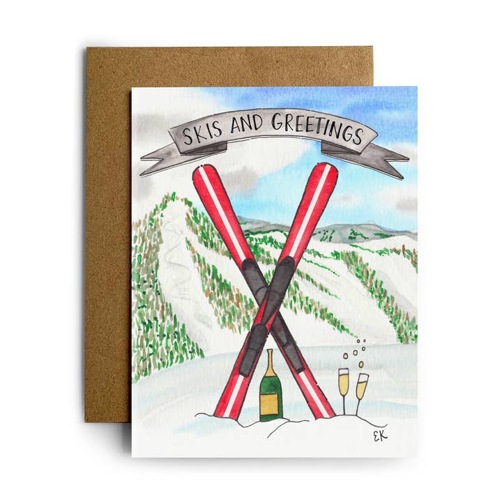 Skis and Greetings Card for wholesale by Eileen Graphics