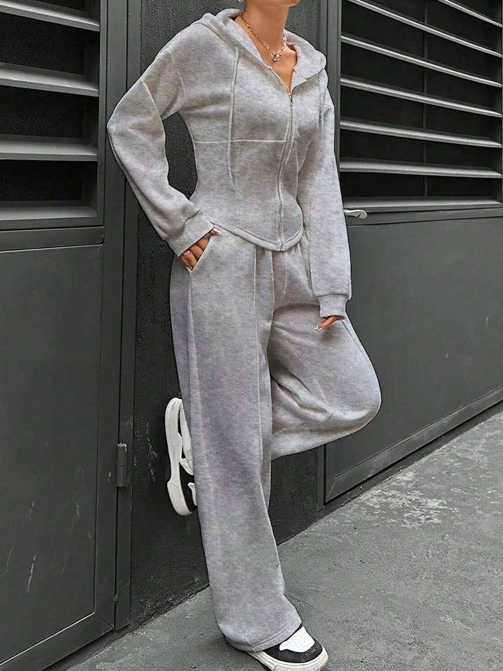 Women's Hooded Zip-Up Fitted Casual Two-Piece Tracksuit for wholesale by FULL TIME PURCHASE