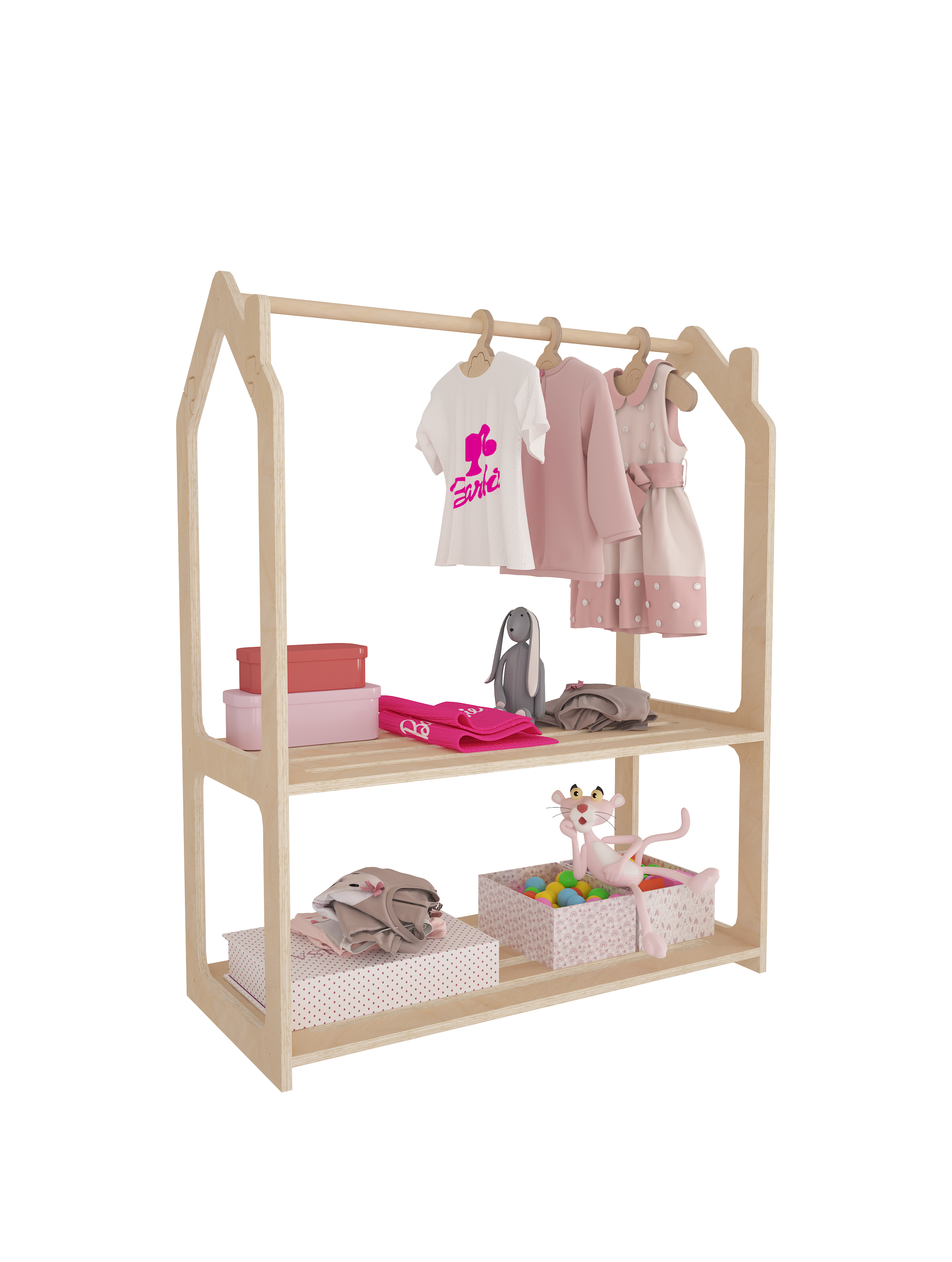Rotermond Furniture LLC - Wholesale Clothes Hangers - Roof Montessori Kids Wardrobe - Natural Wood Clothing Rack Organizer 3-Piece Set for Child's Room, Playroom, Nursery – Durable Baby Clothes Storage Furniture4