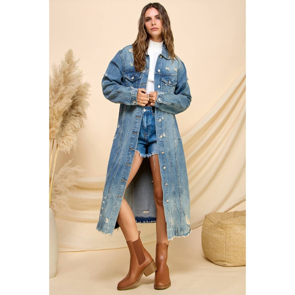 Med Wash Distressed Long Denim Jacket for wholesale on Faire8