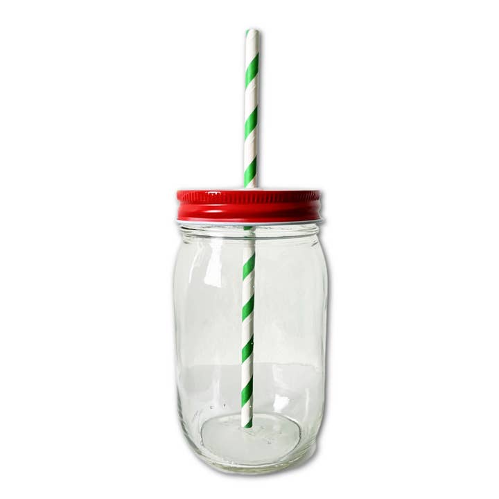 Red Christmas Party Metal Mason Jar Lid with Paper Straw for wholesale by Oily Blends