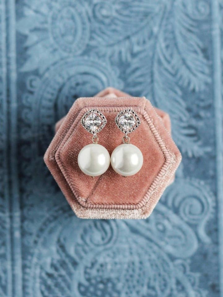 Silver Halo Pearl Earrings for wholesale by Rachelyn Jewelry