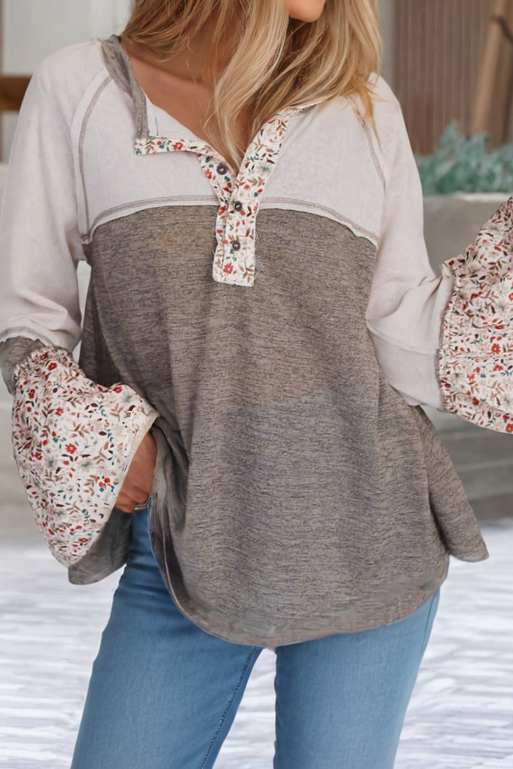As Shown LDC Colorblock Floral Patchwork Flared Sleeve Top for wholesale on Faire2